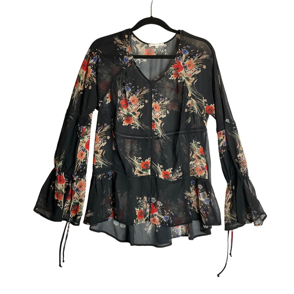 Willow & Clay Sheer Black‎ Floral Blouse Eyelet Long Bell Sleeve Dark Romance M